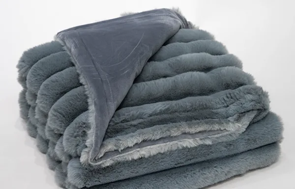 Gray Large Striped Rabbit Fur Blanket